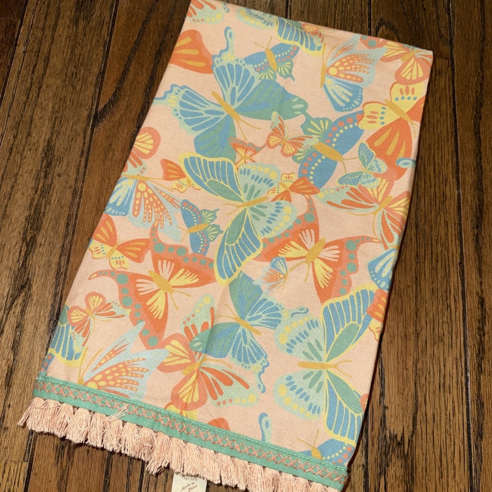 Matilda Jane Butterfly Kitchen Hand Towel Cotton‎ Peach Colored Fringe Hem